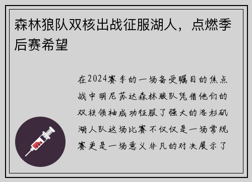 森林狼队双核出战征服湖人，点燃季后赛希望